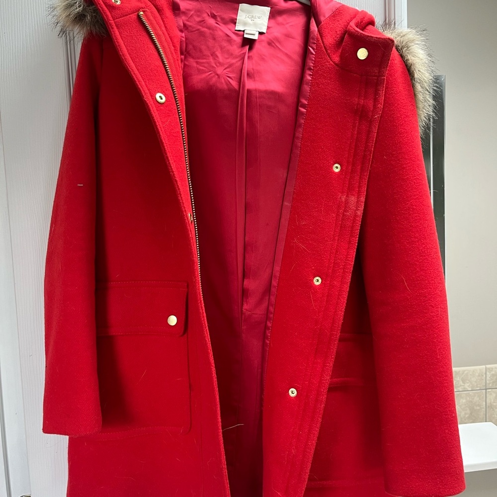 J. Crew Red Trench Coat with Hood and Mid-Length Design